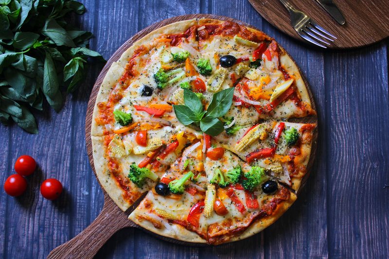 Vegetarian garden pizza with fresh toppings